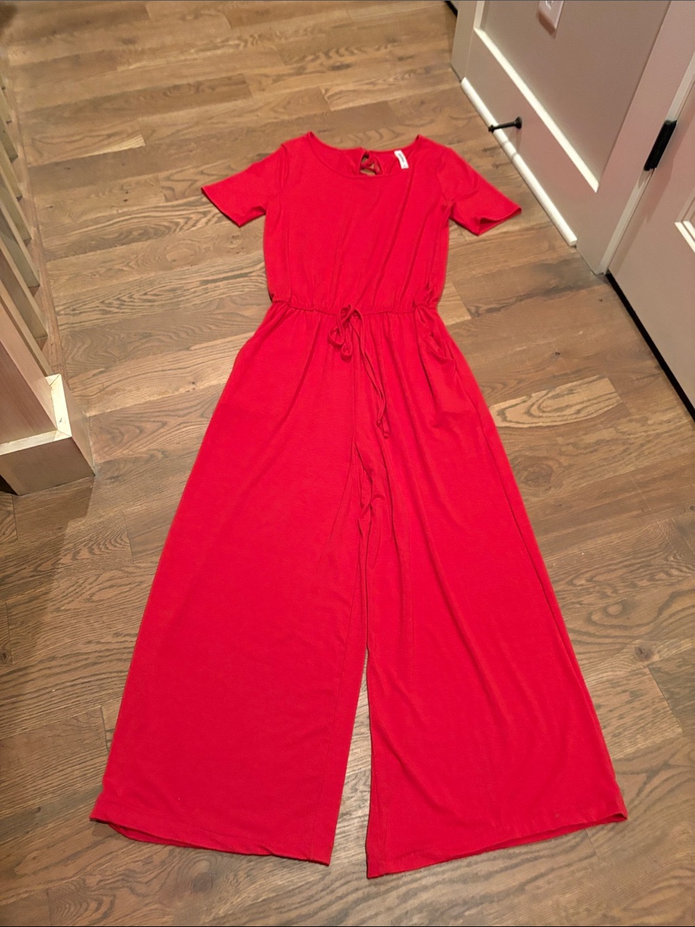 Zenana Outfitters Red Short-Sleeve Jumpsuit with Drawstring Waist